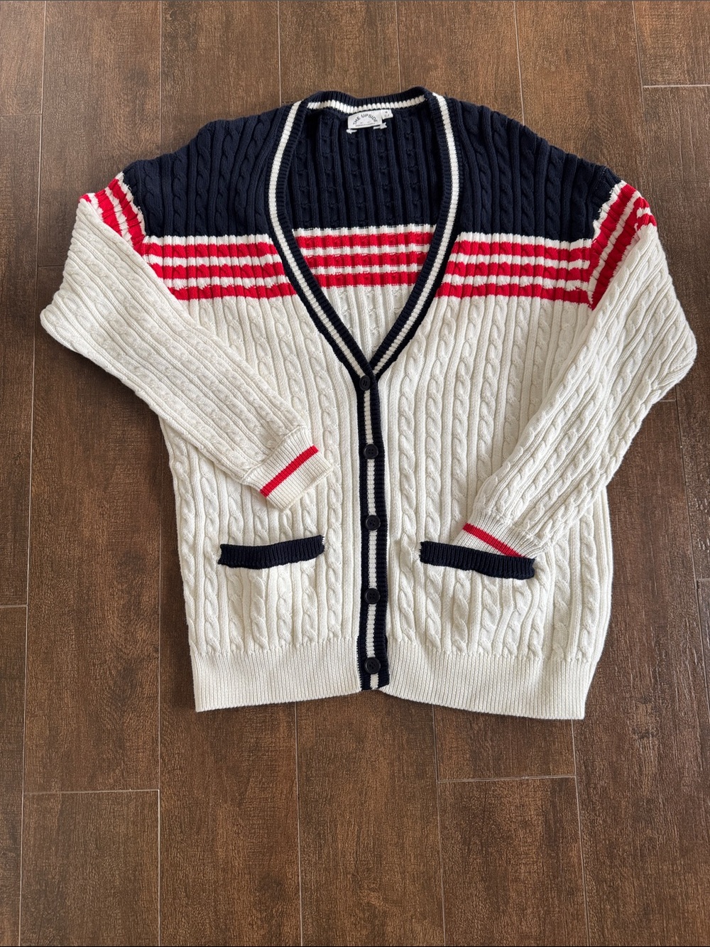 The Upside Cable Knit V-Neck Cardigan in Cream, Navy & Red